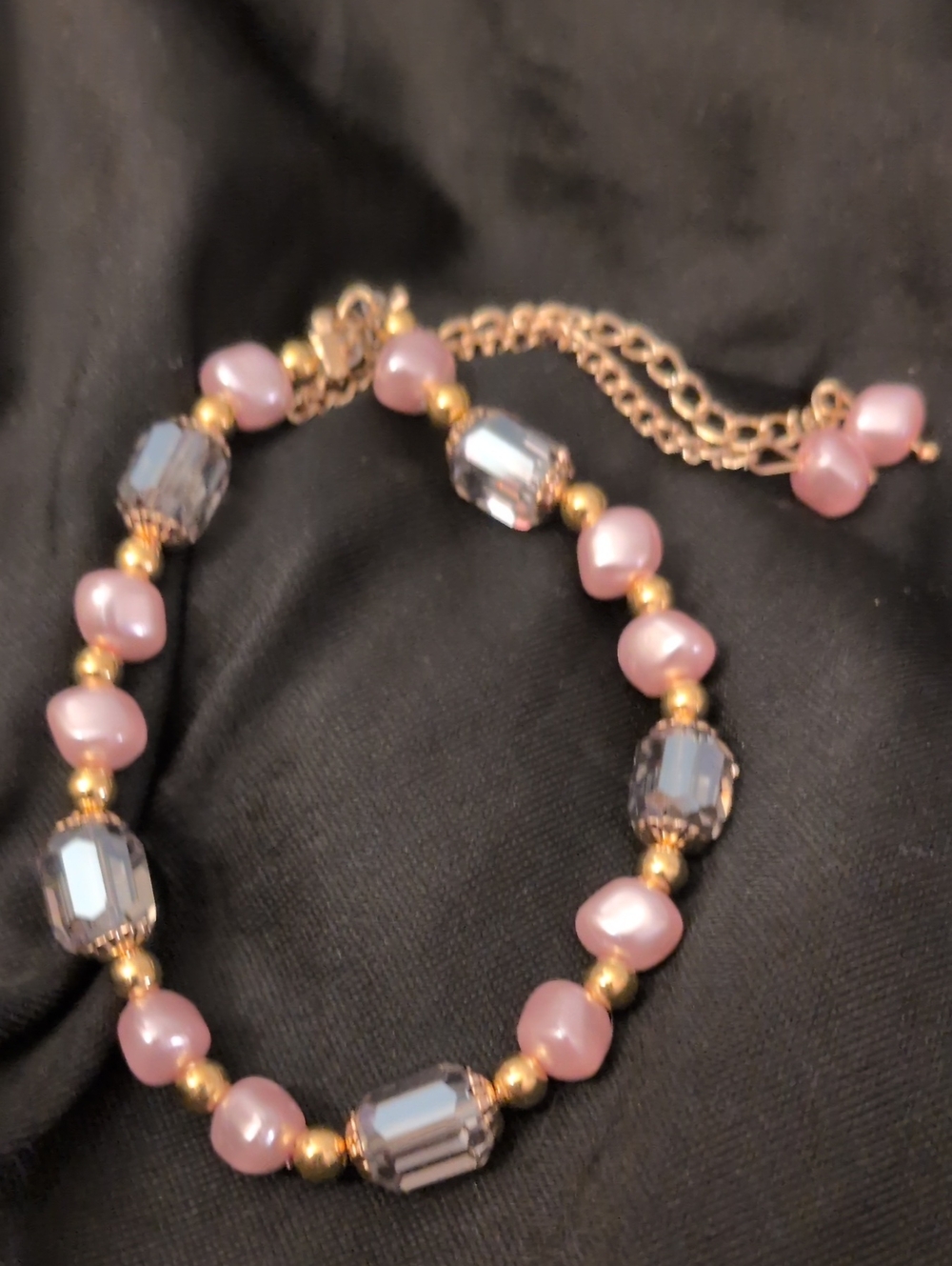Delicate Pink Pearl & Faceted Crystal Bracelet with Gold Accents
